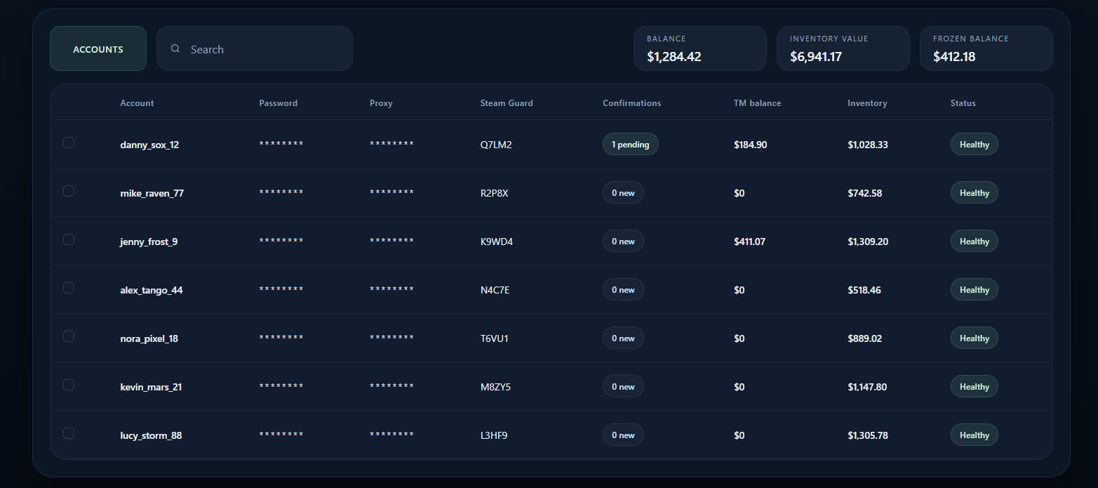 Steam Trading Platform dashboard with bought items, expected value, and monthly sales metrics